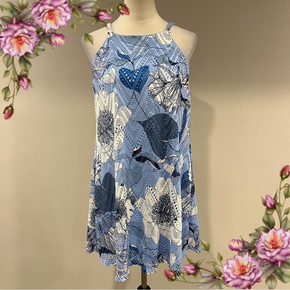Wesport Floral Blue and White Sleeveless halter Dress size medium